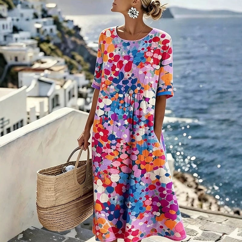 Women's Casual 3D Print V-Neck Short Sleeve Loose Maxi Dress - Image 2