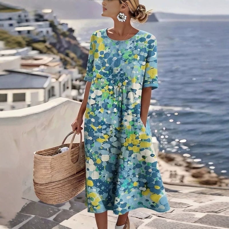 Women's Casual 3D Print V-Neck Short Sleeve Loose Maxi Dress - Image 4