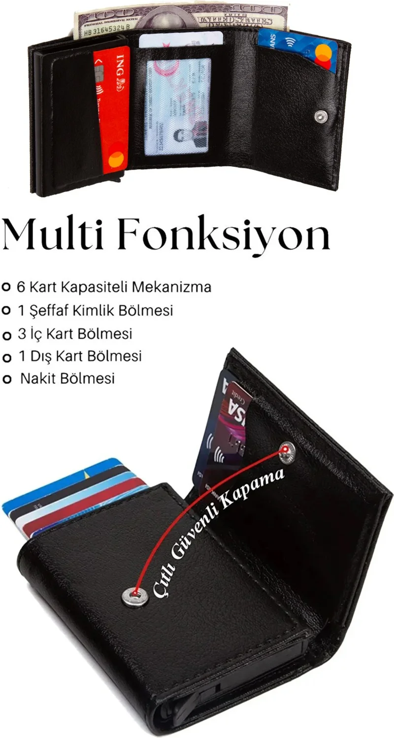 افكا Men Black Original Mechanism Cash Money Compartment RFID Theft Protective Special Box Snap Leather Wallet Card Holder