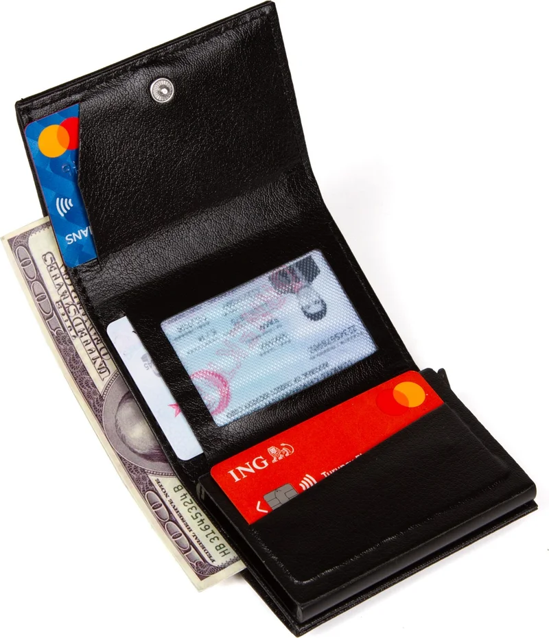 افكا Men Black Original Mechanism Cash Money Compartment RFID Theft Protective Special Box Snap Leather Wallet Card Holder