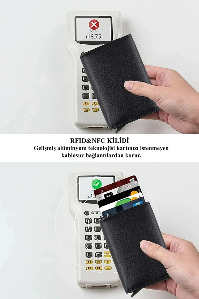افكا Men Black Original Mechanism Cash Money Compartment RFID Theft Protective Special Box Snap Leather Wallet Card Holder