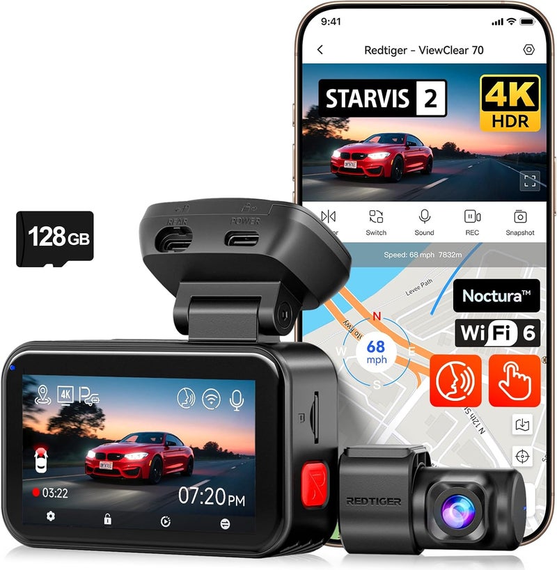 VC70 Dash Cam 4K Front and Rear 2.5K, STARVIS 2 IMX678 x Wondrix, Dual HDR Starlight Night View Mode, 5.8GHz WiFi6 30MB/s, 3" Touchscreen with Voice Control, Parking Mode, 128GB Card Included