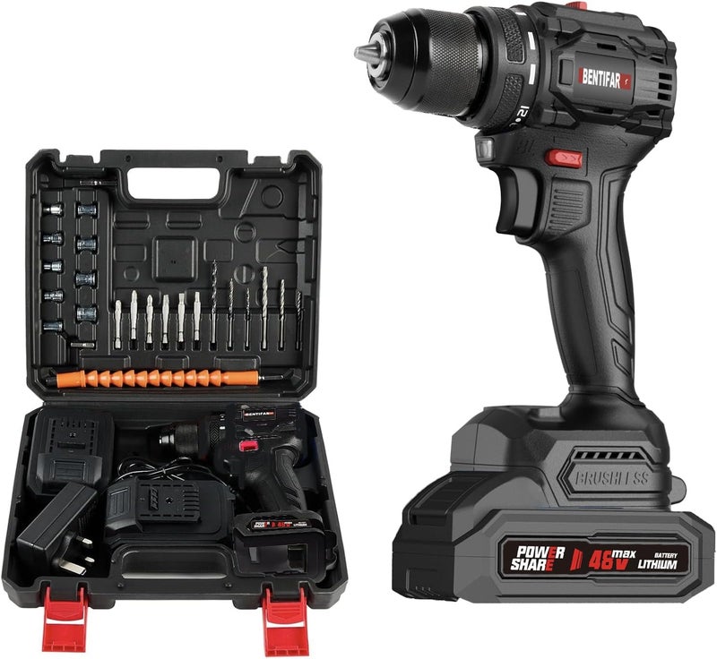 Bentifar 48V Cordless Drill Set, Brushless Electric Drill With 2 Batteries And Charger, 2-Speed Power Drill Driver With 65 Torque Settings, Built-In Led Light, And Storage Case (Black) - Image 1
