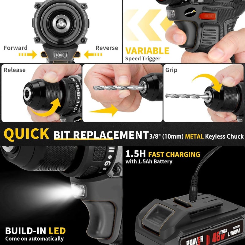 Bentifar 48V Cordless Drill Set, Brushless Electric Drill With 2 Batteries And Charger, 2-Speed Power Drill Driver With 65 Torque Settings, Built-In Led Light, And Storage Case (Black) - Image 5