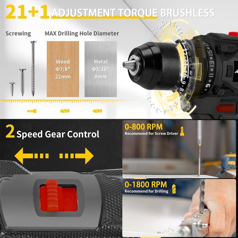 Bentifar 48V Cordless Drill Set, Brushless Electric Drill With 2 Batteries And Charger, 2-Speed Power Drill Driver With 65 Torque Settings, Built-In Led Light, And Storage Case (Black) - Image 3