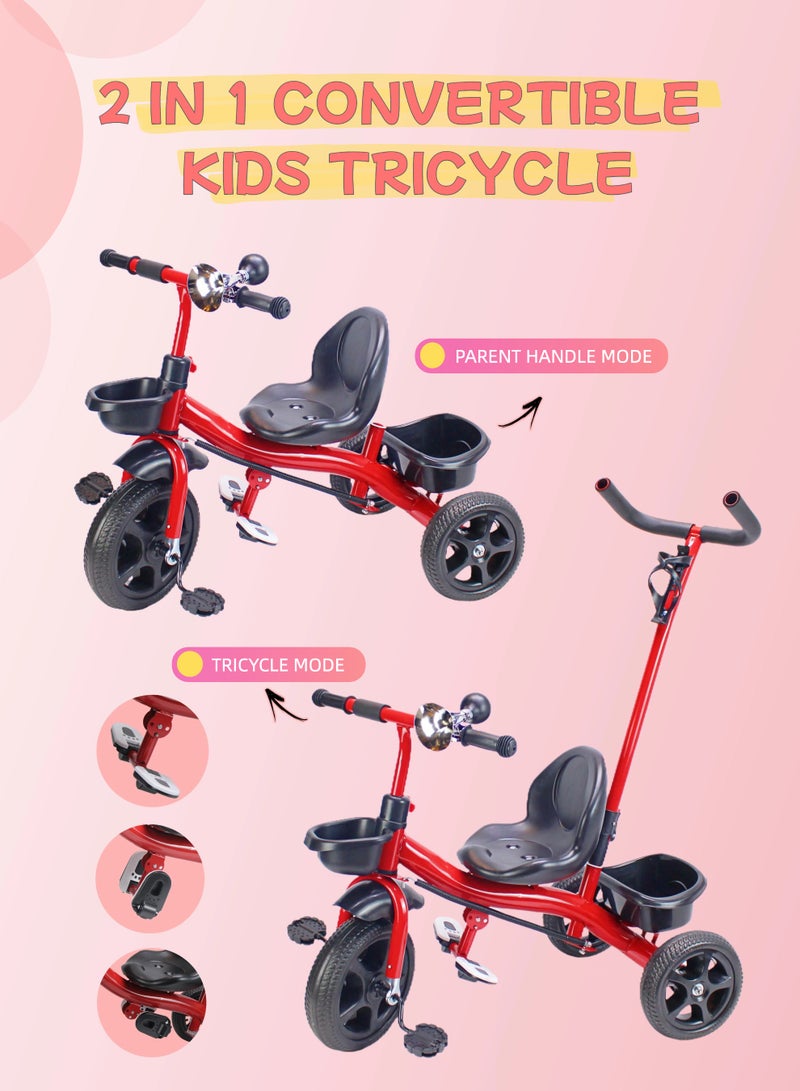 Baby Ride-On Bicycle Toy Tricycle for Kids - Equipped with Parental Push Handle & Storage Basket (Grey, Red, Pink Choices) Package Include Protective Gear Set - Image 2