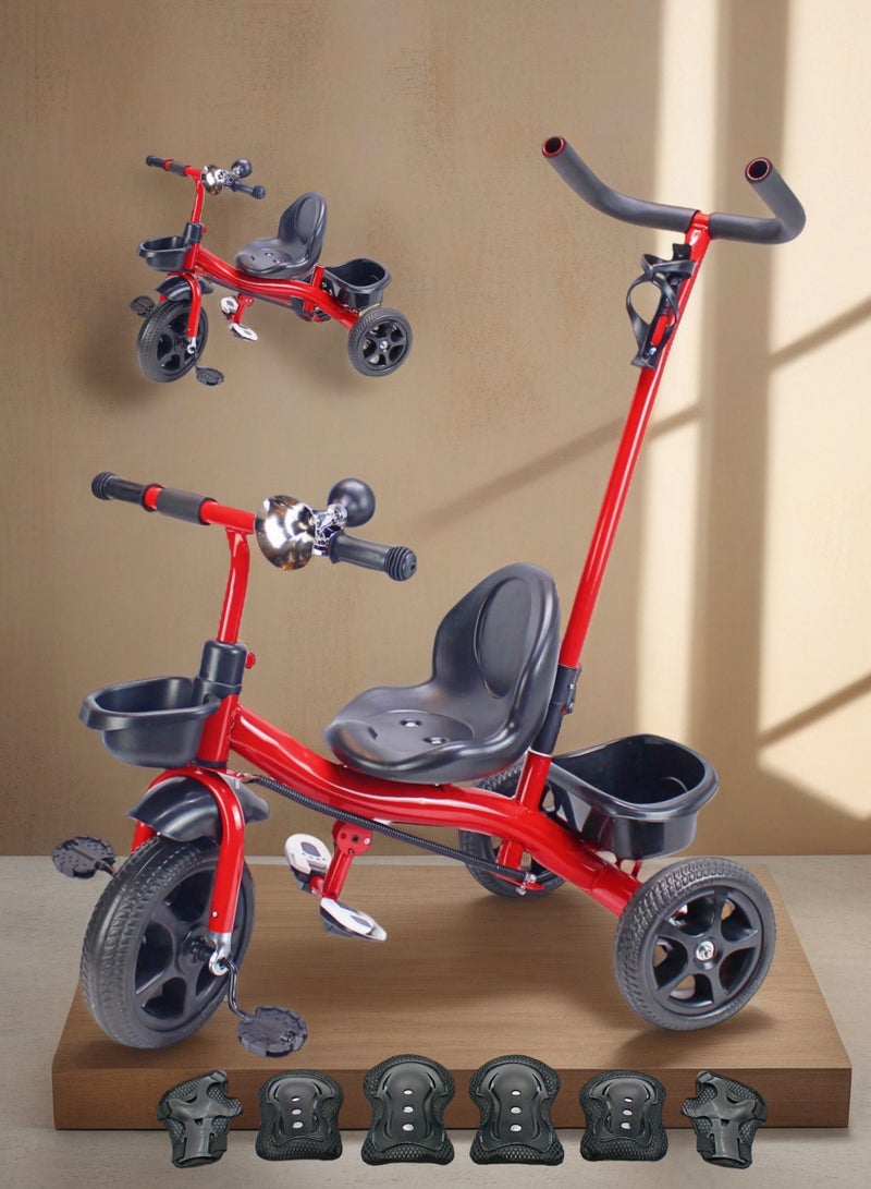 Baby Ride-On Bicycle Toy Tricycle for Kids - Equipped with Parental Push Handle & Storage Basket (Grey, Red, Pink Choices) Package Include Protective Gear Set - Image 1
