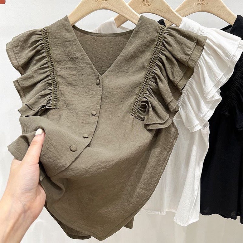 Army Green V-Neck Flying Sleeve Chiffon Baby Blouse For Women Summer French Ruffled Sleeveless Shirt For Women - Image 2