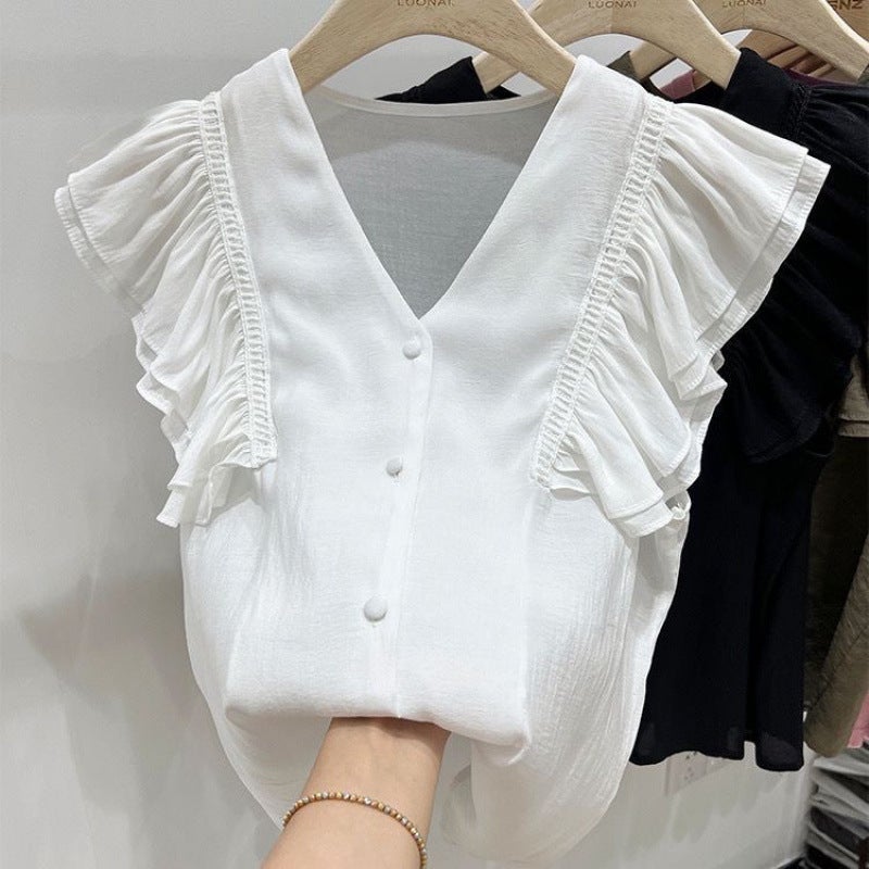 Army Green V-Neck Flying Sleeve Chiffon Baby Blouse For Women Summer French Ruffled Sleeveless Shirt For Women - Image 4