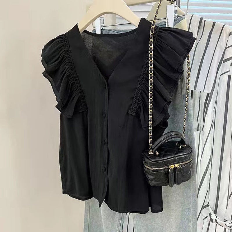 Army Green V-Neck Flying Sleeve Chiffon Baby Blouse For Women Summer French Ruffled Sleeveless Shirt For Women - Image 3