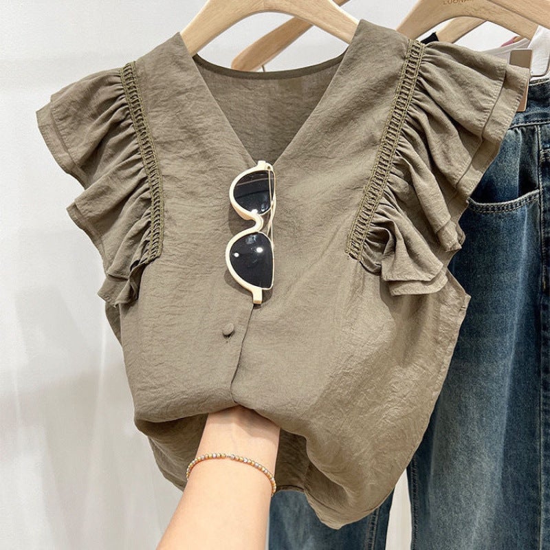 Army Green V-Neck Flying Sleeve Chiffon Baby Blouse For Women Summer French Ruffled Sleeveless Shirt For Women - Image 1