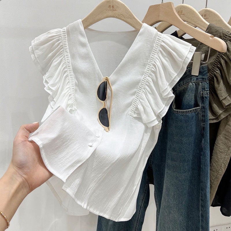 Army Green V-Neck Flying Sleeve Chiffon Baby Blouse For Women Summer French Ruffled Sleeveless Shirt For Women - Image 5