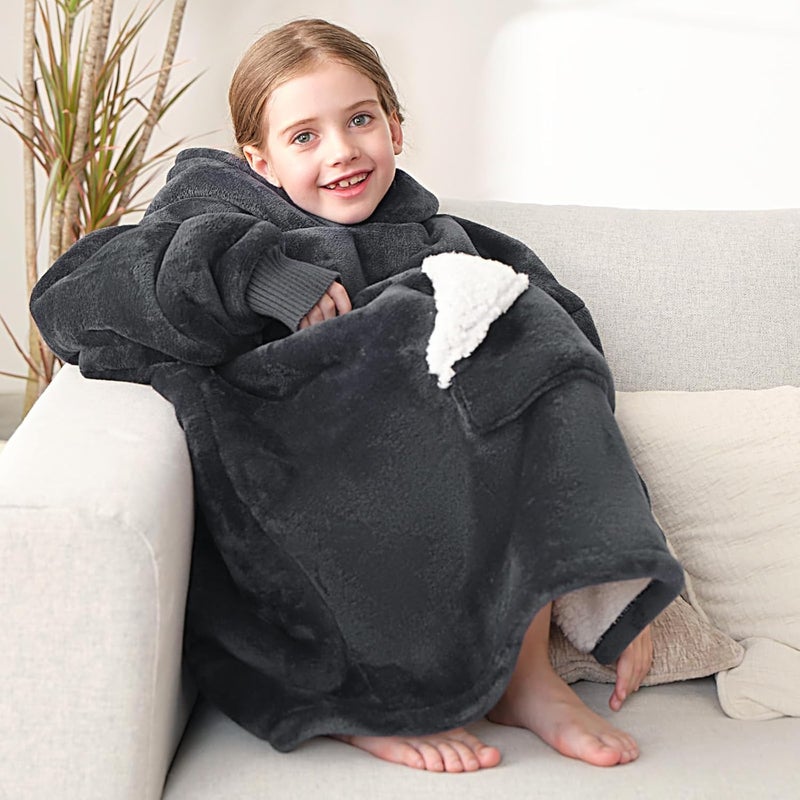 Touchat Wearable Blanket Hoodie for Kids & Teens 6-13 Year Old, Oversized Sherpa Fleece Sweatshirt with Pocket, Soft Cozy Hooded Blankets Christmas Birthday Gift for Boys and Girls, Grey - Image 5