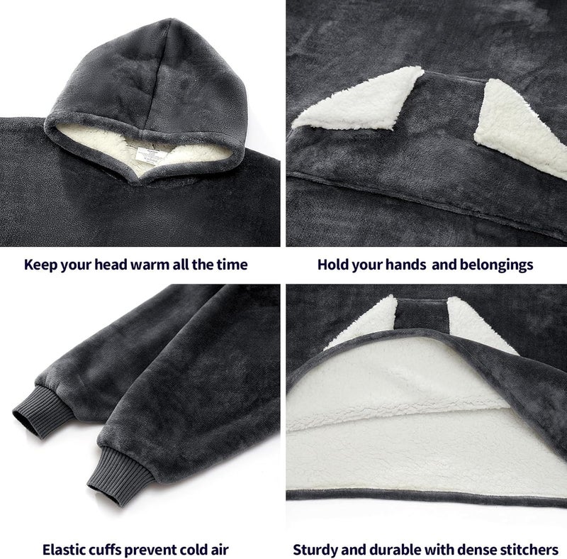 Touchat Wearable Blanket Hoodie for Kids & Teens 6-13 Year Old, Oversized Sherpa Fleece Sweatshirt with Pocket, Soft Cozy Hooded Blankets Christmas Birthday Gift for Boys and Girls, Grey - Image 3