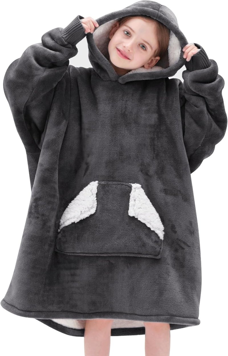 Touchat Wearable Blanket Hoodie for Kids & Teens 6-13 Year Old, Oversized Sherpa Fleece Sweatshirt with Pocket, Soft Cozy Hooded Blankets Christmas Birthday Gift for Boys and Girls, Grey - Image 1