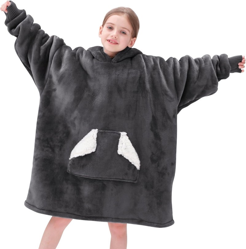 Touchat Wearable Blanket Hoodie for Kids & Teens 6-13 Year Old, Oversized Sherpa Fleece Sweatshirt with Pocket, Soft Cozy Hooded Blankets Christmas Birthday Gift for Boys and Girls, Grey - Image 4