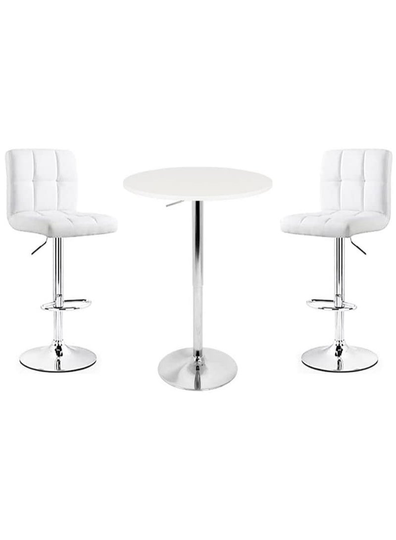 AL WADI FURNITURE AWF AL WADI FURNITURE 3 Piece Adjustable Round MDF Wood Bar Table Set with 2 Bar Stools for Pub Counter Kitchen Home PU Leather Bar Chairs with Footrest 360 Swivel Perfect for Small Space White - Image 1