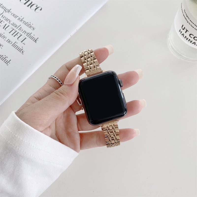 erorex Seven-Beads Steel Watch Band For Apple Watch Ultra 49Mm&Watch Ultra 2 49Mm / Series 9&8&7 45Mm / Se 3&Se 2&6&Se&5&4 44Mm / 3&2&1 42Mm(Gold) - Image 2