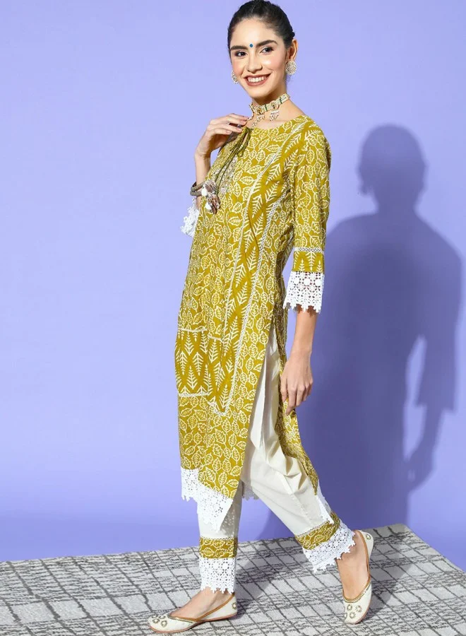 ISHIN Women's Green 100% Cotton Printed A-Line Kurta Set