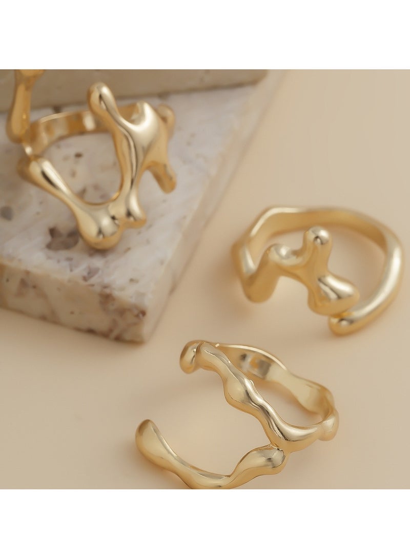 3PCS  Chic Liquid Lava Open Ring Set For Women - Vintage & Minimalist Style, Alloy, Perfect Gift For Friends, Fashionable Party Accessory  （Gold）  - Image 1