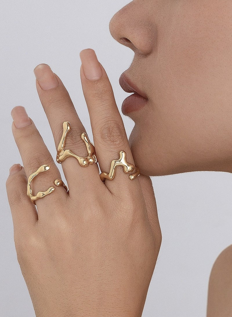 3PCS  Chic Liquid Lava Open Ring Set For Women - Vintage & Minimalist Style, Alloy, Perfect Gift For Friends, Fashionable Party Accessory  （Gold）  - Image 2