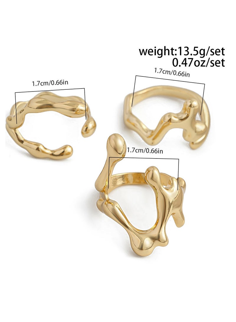 3PCS  Chic Liquid Lava Open Ring Set For Women - Vintage & Minimalist Style, Alloy, Perfect Gift For Friends, Fashionable Party Accessory  （Gold）  - Image 3