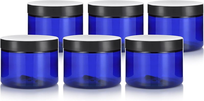 6 oz Cobalt Blue PET (BPA Free) Plastic Jar with Black Smooth Lids (6 pack)