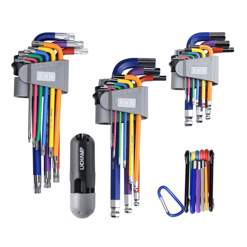 Lichamp 37Piece Rainbow Allen Wrenches Sets Torx Metric Hex Key Set with Colored Foldable Short and Long Arm Ball and Torx End Metric 15 to 10mm T10 to T50