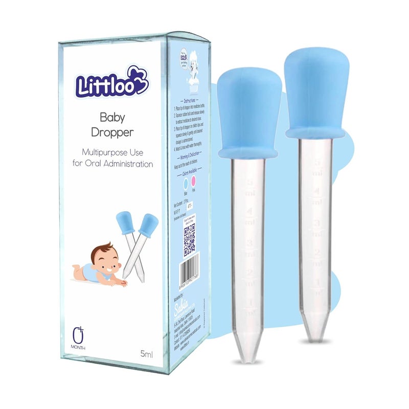 LITTLOO Baby Dropper Quality Silicone Graduated Plastic Pipette for Feeding Liquids to Babies, Toddlers & Infants with Measured Quantity Markings- 5ml, Pack of 2 (Multicolour) - Image 1