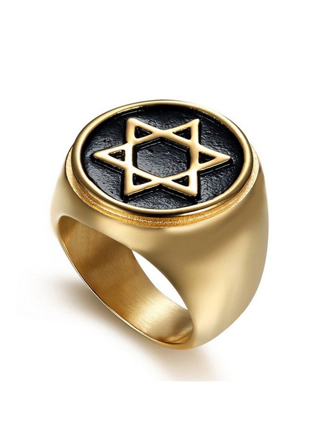 JAJAFOOK Hexagram Six-Pointed Jewish Star Of David Inlay Wedding Band Rings For Men, Gold Tone  - Image 1