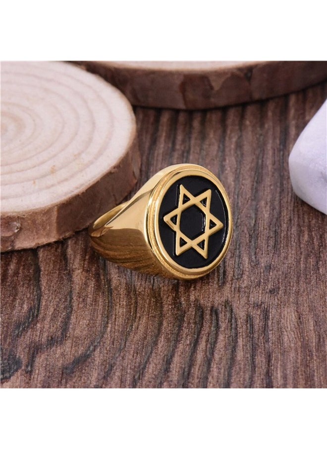 JAJAFOOK Hexagram Six-Pointed Jewish Star Of David Inlay Wedding Band Rings For Men, Gold Tone  - Image 3