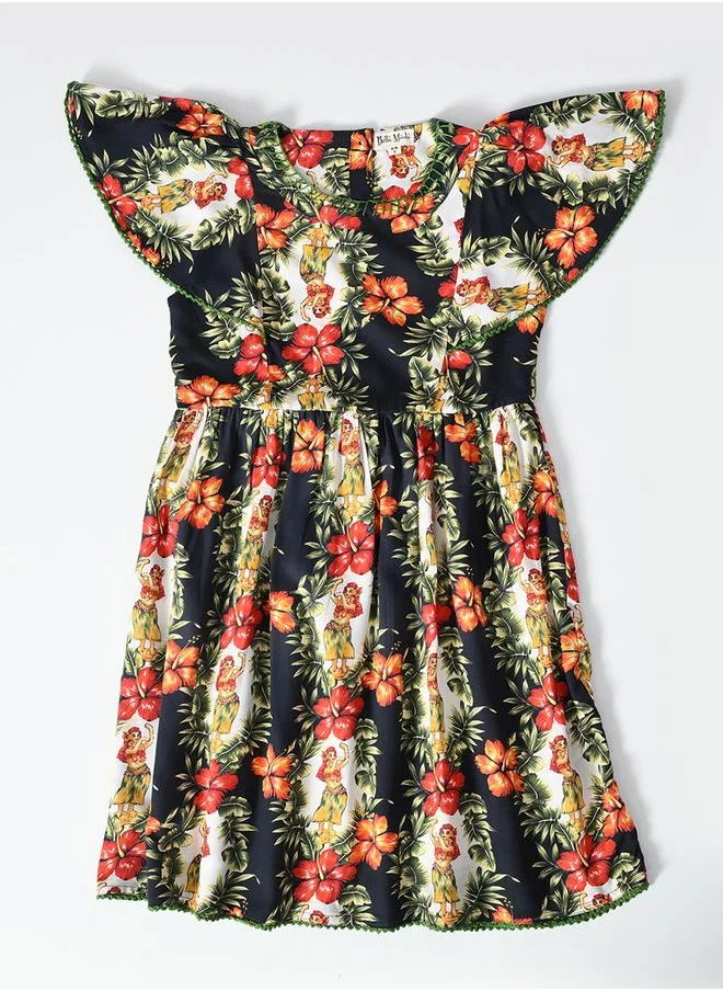 BELLA MODA Bella Moda All-Over Floral Print Flutter Sleeves Dress with Lace Trim