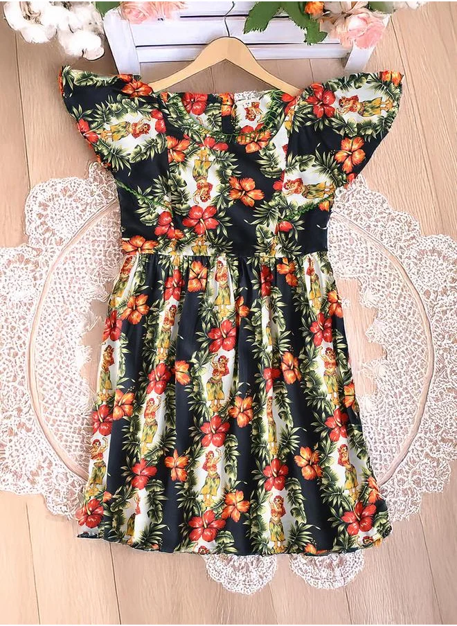 BELLA MODA Bella Moda All-Over Floral Print Flutter Sleeves Dress with Lace Trim