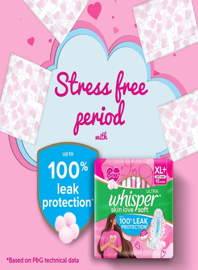 Whisper Ultra Skin Love Soft Sanitary Pads for Women, XL+ 15 Pads, Cottony Soft Feel, Upto 100% Leak* Protection, Disposable Wrapper, Locks Odour & Wetness (Product Does Not Contain Cotton) (*Based on P&G Technical Data) - Image 5