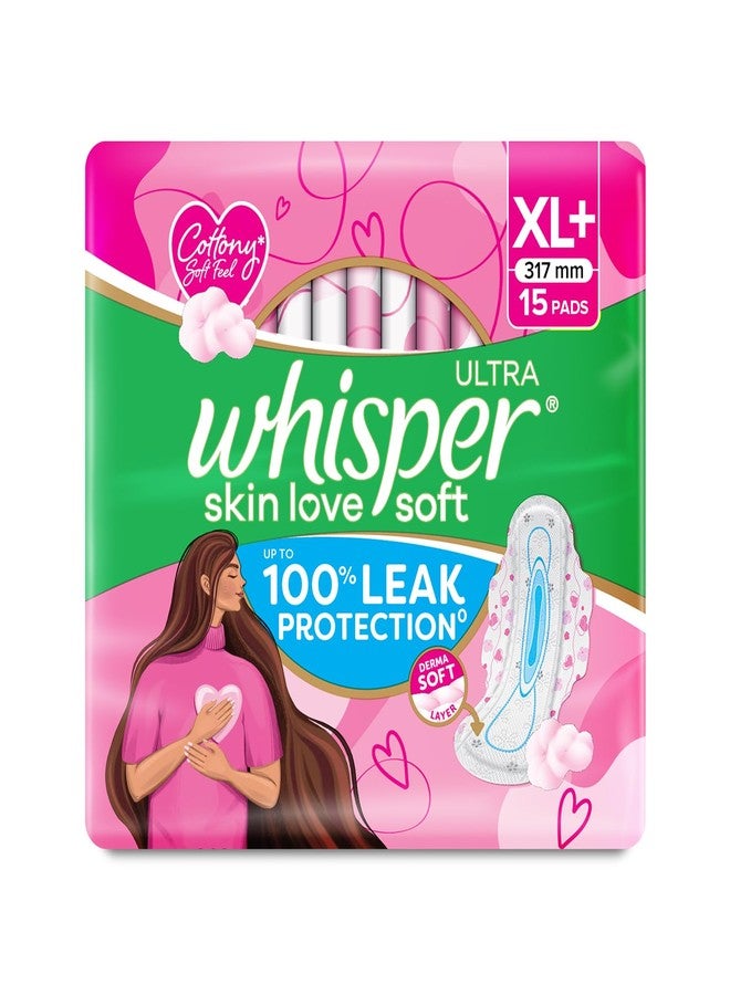 Whisper Ultra Skin Love Soft Sanitary Pads for Women, XL+ 15 Pads, Cottony Soft Feel, Upto 100% Leak* Protection, Disposable Wrapper, Locks Odour & Wetness (Product Does Not Contain Cotton) (*Based on P&G Technical Data) - Image 1