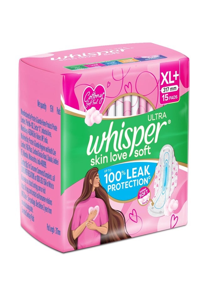 Whisper Ultra Skin Love Soft Sanitary Pads for Women, XL+ 15 Pads, Cottony Soft Feel, Upto 100% Leak* Protection, Disposable Wrapper, Locks Odour & Wetness (Product Does Not Contain Cotton) (*Based on P&G Technical Data) - Image 2
