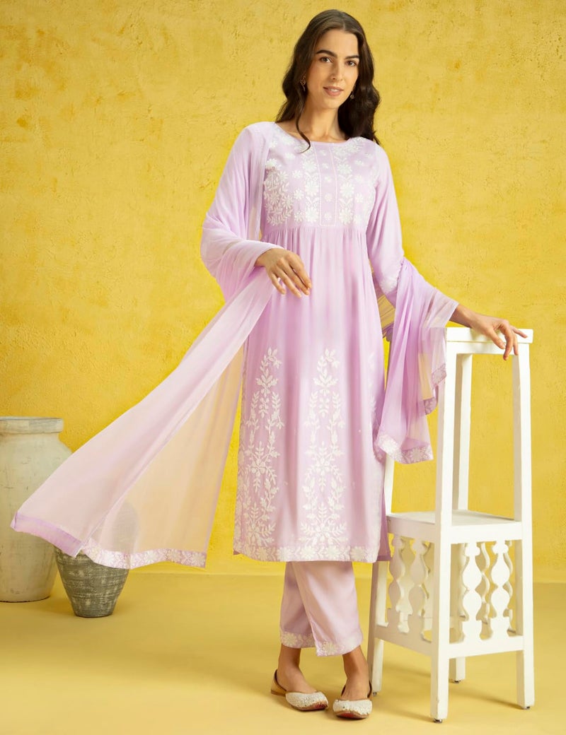 KAARI Women's Chikankari Kurta Set with Dupatta - A-line Fit | Chiffon Dupatta with Embroidered Band | Straight Pant with Side Pocket | Kurta Set For Women - Image 2