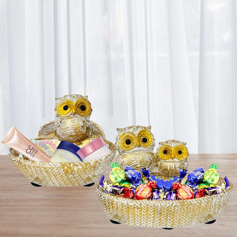Go Hooked Owl Basket Set of 2 for Home & Office Dcor | Multipurpose Polyresin Storage Basket Organizer owl showpiece for Gifting Tabletop Decor Resin Craft Home Accessory Vanity Decor - Image 1