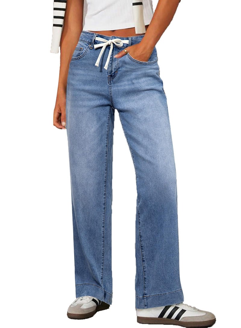 Sidefeel Women's Wide Leg Jeans High Waisted Stretchy Straight Baggy Drawstring Denim Pants Light Blue Size 2 - Image 1