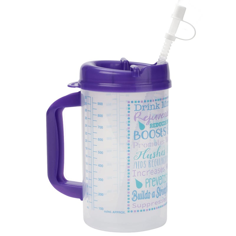 Drink Water Tracking Hospital Cup for Daily Intake Measuring with Straw 32 oz Mug with Lid Purple