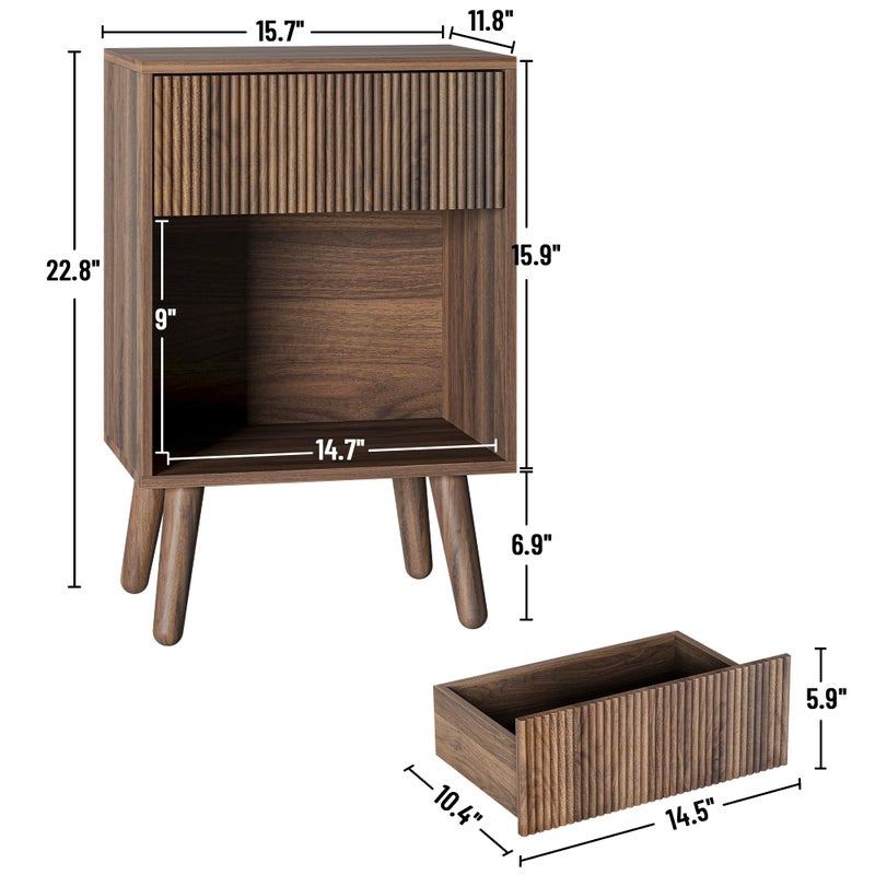 INNOD Nightstand, Modern Bedside Table with Storage Drawers and Open Wood Shelf, Night Stand with Solid Wood Legs, End Tables Side Tables for Living Room, Bedroom Walnut - Image 2