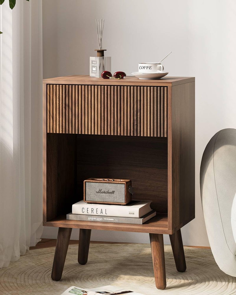 INNOD Nightstand, Modern Bedside Table with Storage Drawers and Open Wood Shelf, Night Stand with Solid Wood Legs, End Tables Side Tables for Living Room, Bedroom Walnut - Image 1