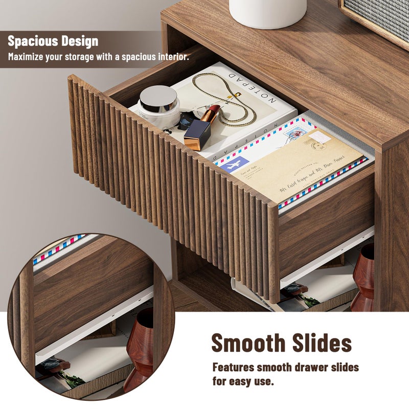 INNOD Nightstand, Modern Bedside Table with Storage Drawers and Open Wood Shelf, Night Stand with Solid Wood Legs, End Tables Side Tables for Living Room, Bedroom Walnut - Image 5