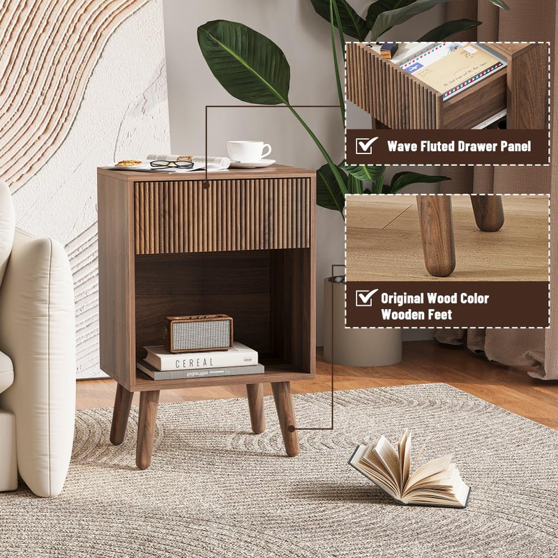INNOD Nightstand, Modern Bedside Table with Storage Drawers and Open Wood Shelf, Night Stand with Solid Wood Legs, End Tables Side Tables for Living Room, Bedroom Walnut - Image 4