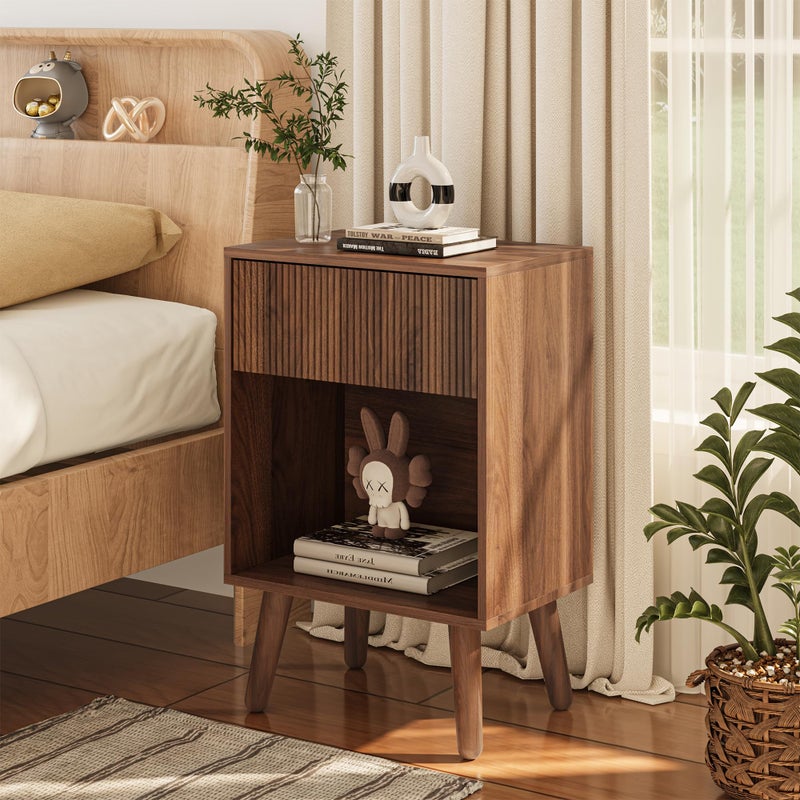INNOD Nightstand, Modern Bedside Table with Storage Drawers and Open Wood Shelf, Night Stand with Solid Wood Legs, End Tables Side Tables for Living Room, Bedroom Walnut - Image 3