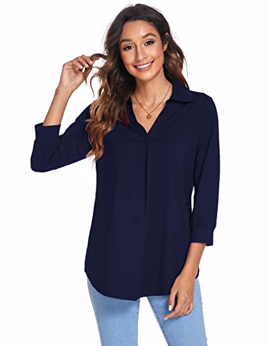 Newchoice Blouses for Women Dressy, V Neck 3/4 Sleeve Shirts Loose Business Casual Tops Trendy Work Clothes Office Attire (Navy Blue, L) - Image 2