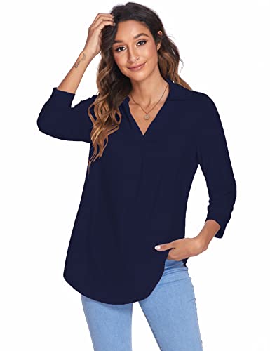 Newchoice Blouses for Women Dressy, V Neck 3/4 Sleeve Shirts Loose Business Casual Tops Trendy Work Clothes Office Attire (Navy Blue, L) - Image 4
