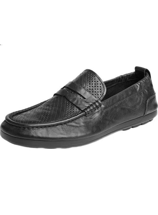 belle Men'S Casual Leather Loafers With Breathable Punching Design 8Hg01Bm4 Black Size 40 - Image 3