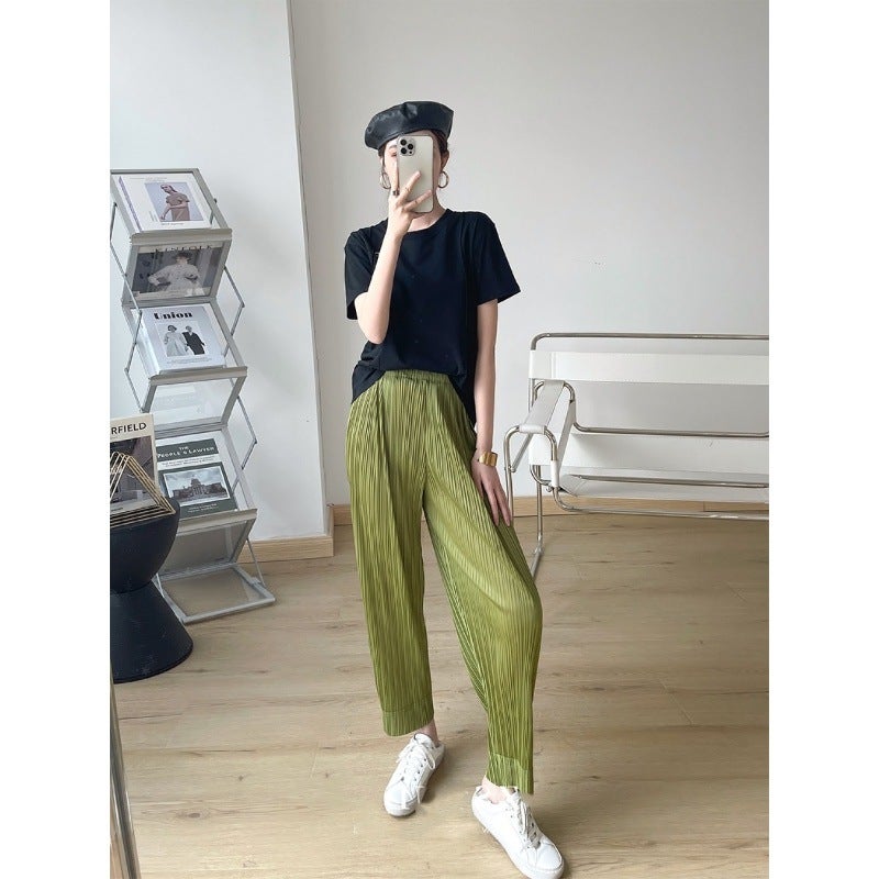 in stock Miyake Pleated Irregular Solid Color Top Short-sleeved Summer Loose Belly-covering Mid-length Slim T-shirt for Women Midline Fruit Green Pants