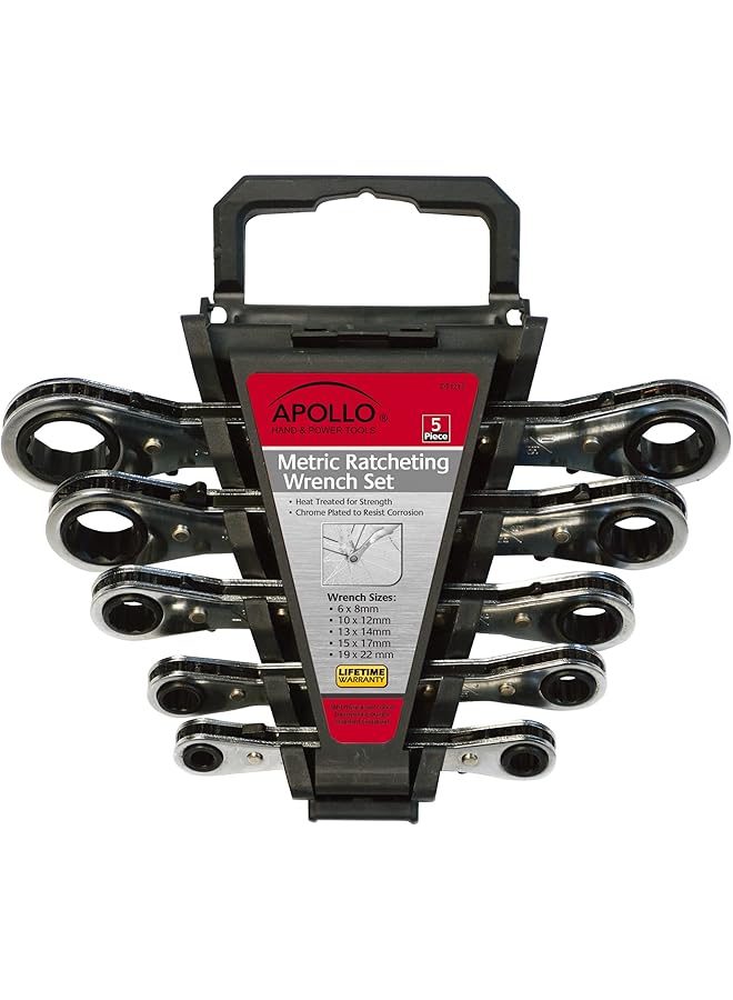Apollo 5 Piece Metric Steel Ratcheting Wrench Set Includes 5 Ratcheting Wrenches In Quick Release Case For Trunk Garage And On The Road Dt1213  - Image 1